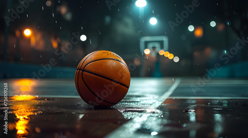 Basketball Ball on Rainy Basketball Court