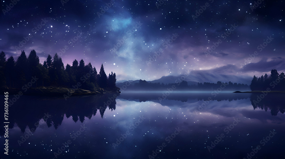 Beautiful night landscape with starry sky and lake. 3d rendering