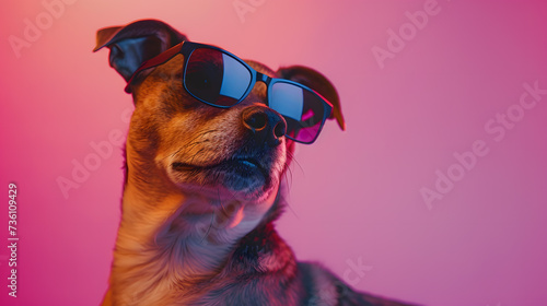 Dog Wearing Sunglasses Looking Up at Camera © Ilugram