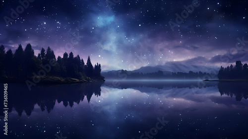 Beautiful night landscape with starry sky and lake. 3d rendering