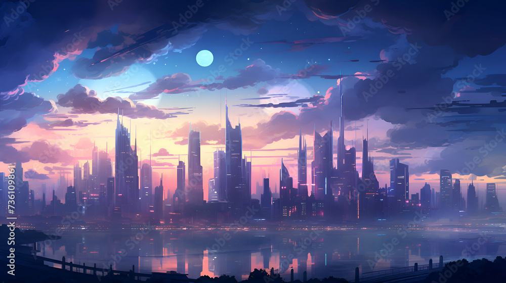 Cityscape with skyscrapers on the background of the night sky.