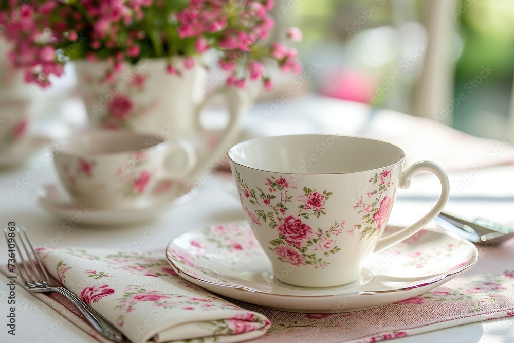 A white table is adorned with a cup and saucer, creating a simple yet elegant setting. A white table is adorned with a cup and saucer, creating a simple yet elegant setting.