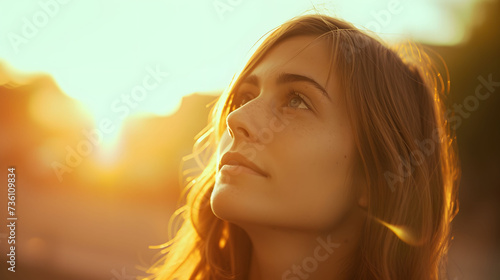 Woman Looking Up at Sunset Sky