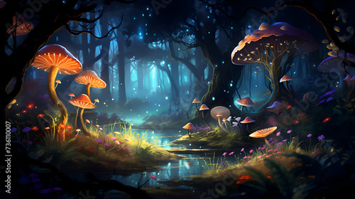 Fantasy landscape with fantasy forest and mushrooms. Digital painting illustration. © Wazir Design