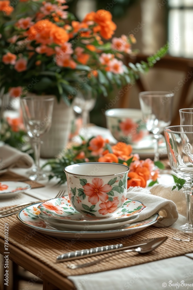 A table set for a formal dinner with orange flowers as the centerpiece. Mother's Day, Birthday, Wedding, Holiday A table set for a formal dinner with orange flowers as the centerpiece. Mother's Day, Birthday, Wedding, Holiday