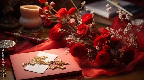 Red Card With Golden Cross and Bouquet of Red Roses