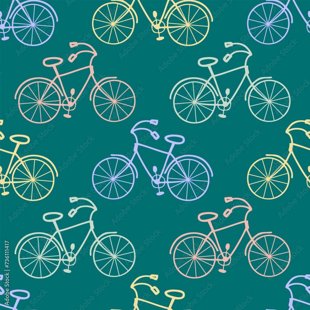Rolling road adventure seamless pattern with doodle bicycles. Perfect print for paper, textile and fabric. Hand drawn vector illustration.