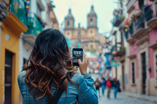 Screen-Scapes: Female Tourist Embraces Digital Creativity on Vacation. Generative AI