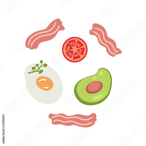 Bacon, avocado and egg harmony vector doodle collection. Perfect print for sticker, poster, banner. Hand drawn isolated vector illustration.