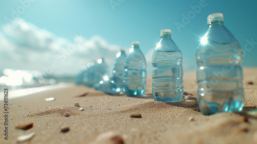 Row of Water Bottles on Sandy Beach
