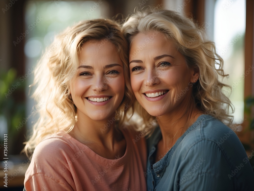 A heartwarming moment captured in time - a happy blonde elderly mom and her young daughter posing at home, their toothy smiles and laughter radiating pure joy and love. A heartwarming moment captured in time - a happy blonde elderly mom and her young daughter posing at home, their toothy smiles and laughter radiating pure joy and love.