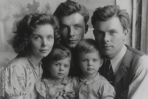 A black and white photograph capturing a family, showcasing their unity and connection.