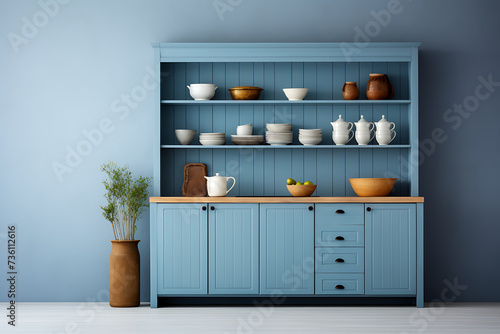 Kitchen interior with blue walls, wooden floor and blue cupboards. 3d rendering