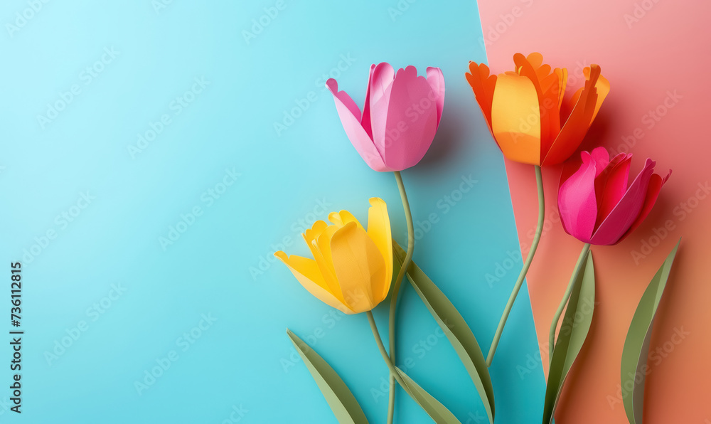 paper crafted tulips on dual tone blue and coral pastel background