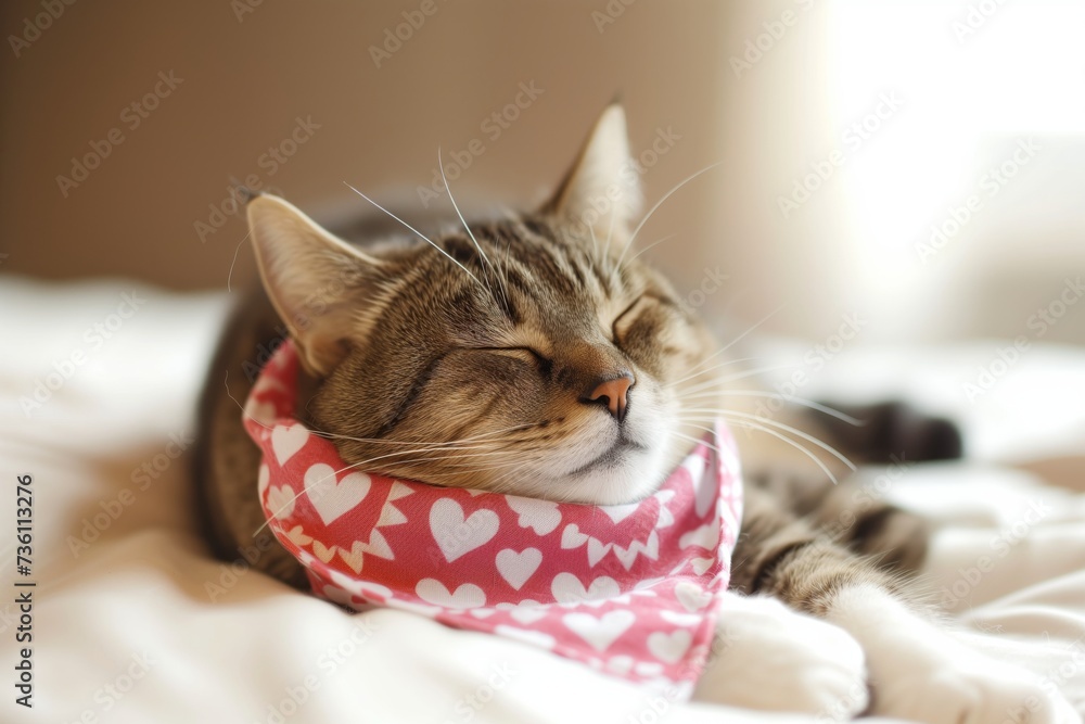 sleeping cat with heartprint bandana loosely tied