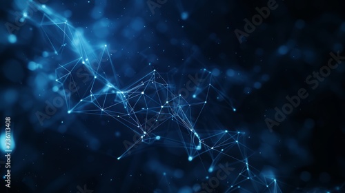 Abstract network structure, connected dots, network connections, blue and white colored lines, and dots form a 3D Polygon, suitable for information and technology-themed backgrounds. AI Generated.