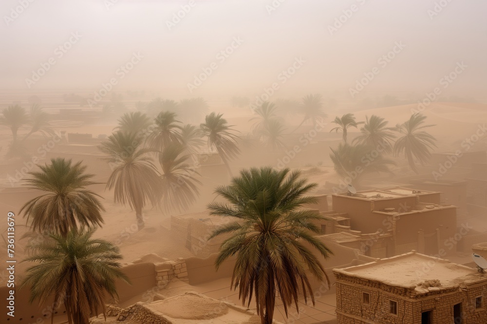 Obraz premium desert village with palm trees buffeted by sandstorm winds