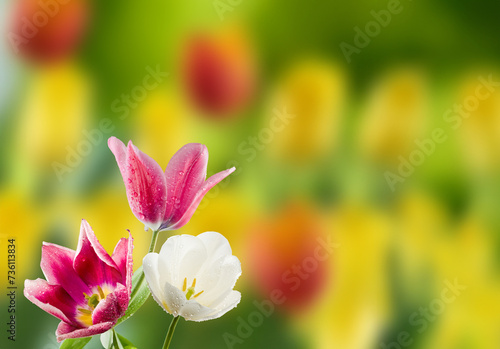 beautiful tulips with water drops on the petals on a blurred green background