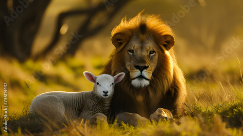 Lion and Lamb Sitting in Grass