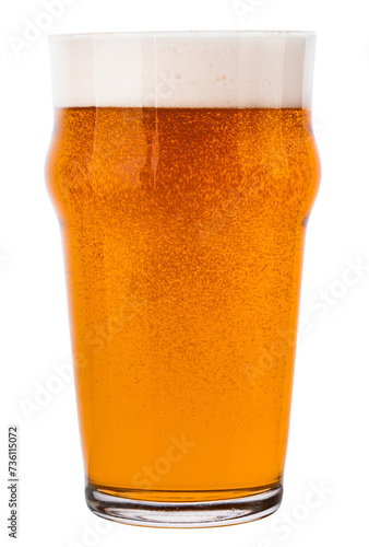 Tableau sur toile Bubbling beer in nonic pint glass isolated on white
