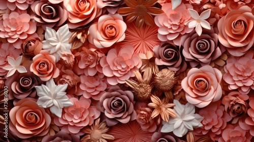 Background with different flowers in Copper Rose color.