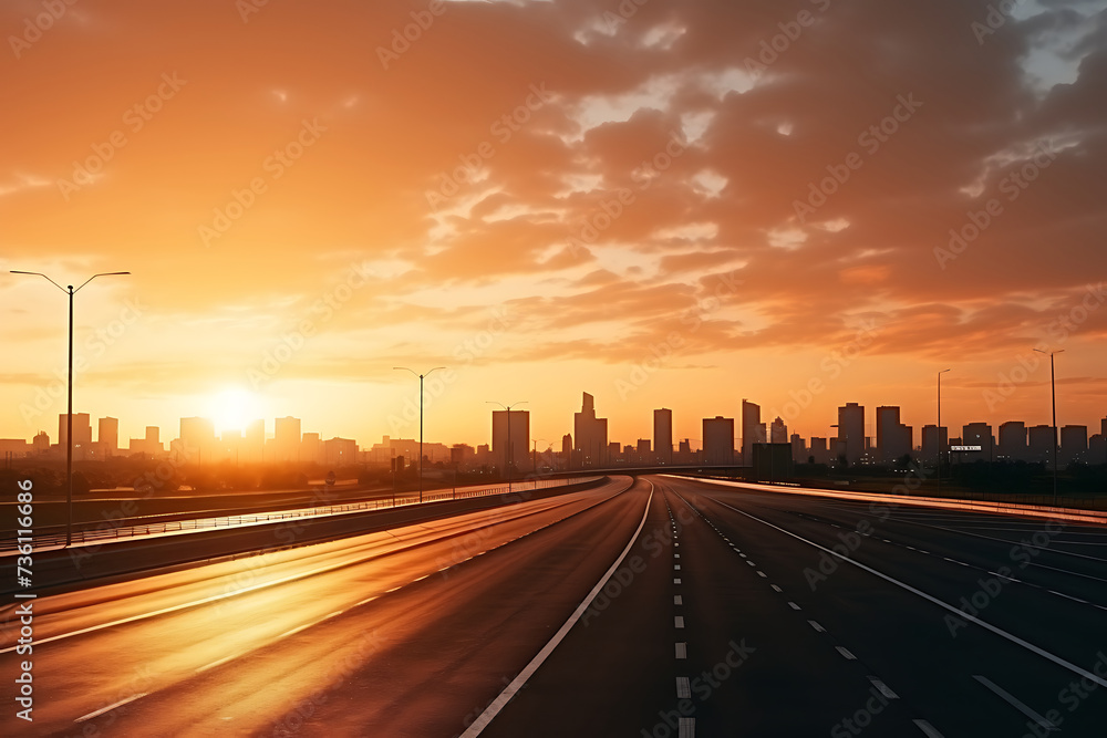 highway in shanghai at sunset with cityscape in background