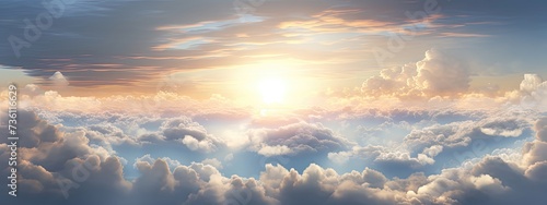 aerial view sun in cloudy sky, natural and soft light, photorealistic rendering