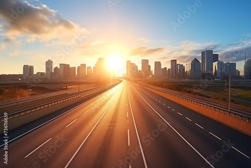 highway in shanghai at sunset with cityscape in background