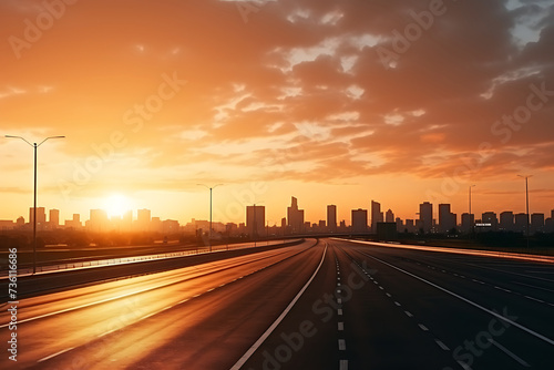 highway in shanghai at sunset with cityscape in background © Creative