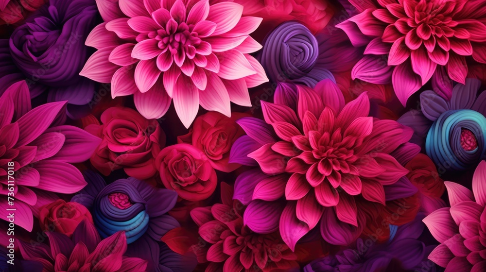  Background with different flowers in Fuschia color. - obrazy, fototapety, plakaty 