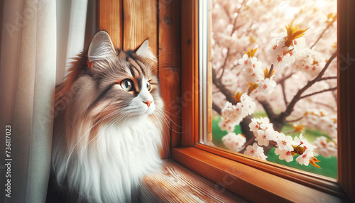 春の桜が咲く外を窓から眺めるペットの猫