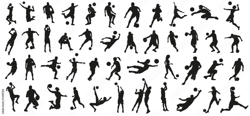 Sports silhouette collection. Basketball, volleyball, soccer people silhouettes in black. Fitness and sport people silhouette