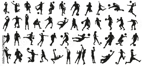 Sports silhouette collection. Basketball  volleyball  soccer people silhouettes in black. Fitness and sport people silhouette