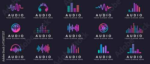 Audio logo collection. Abstract music logo collection. Set of audio icons. Logo of music with line art style. Sound wave, music, production logo