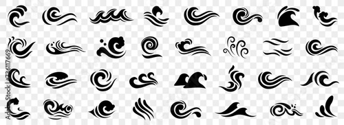 Water wave icons in black. Wave shapes collection. Set of sea wave logo in black. Water wave icons collection