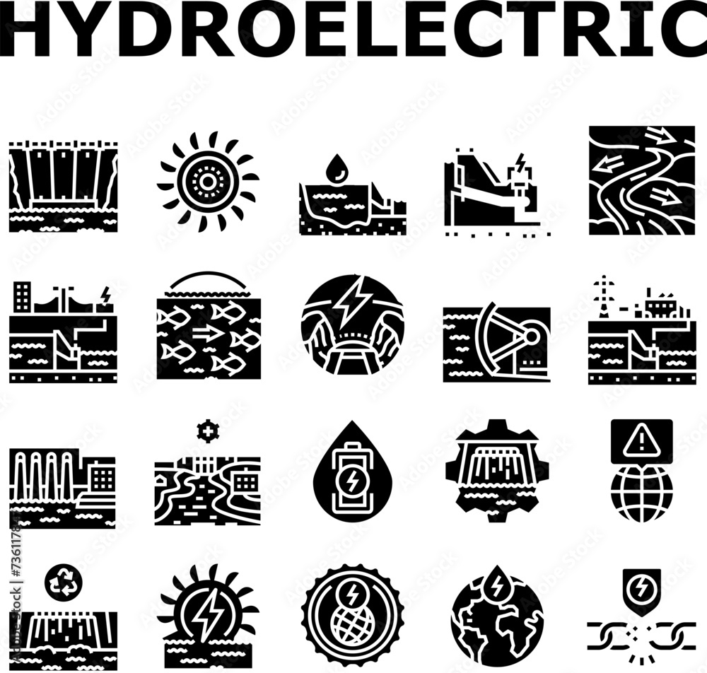 Naklejka premium hydroelectric power plant energy icons set vector. hydro dam, station generator, water electricity green, electric industry hydroelectric power plant energy glyph pictogram Illustrations