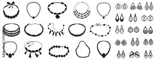 Black necklace and bundle earrings icon collection. Set of jewelry necklaces and earrings. Beauty necklace and earrings element collection