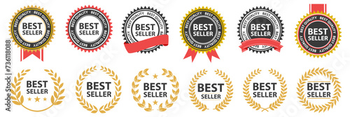 Best seller sticker, label, banner, ribbon collection. Set of best seller emblem for sale, special offer, promotion, advertising photo