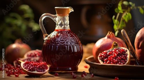 Glass Pitcher Filled With Liquid Next to Pomegranates