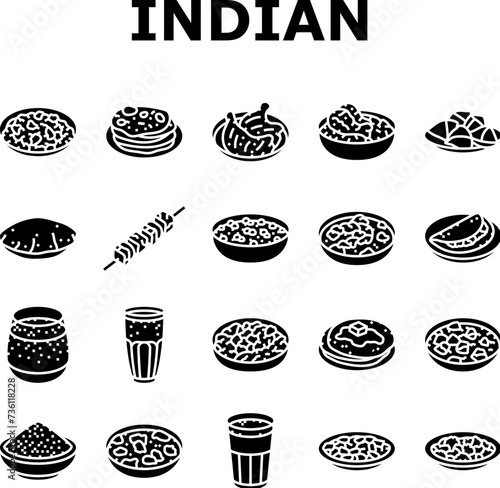 indian cuisine food curry icons set vector. restaurant india, masala chicken, asian tikka, rice traditional, paneer, dish indian cuisine food curry glyph pictogram Illustrations