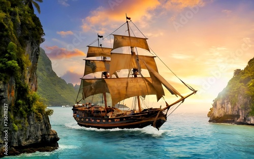 Pirate ship in a tropical cove or bay at sunset. Generative ai