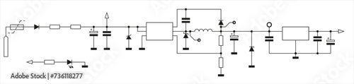 Template of technical schematic diagram of pulse 
stabilizer electronic device.
Vector drawing electrical circuit with 
coil, capacitor, resistor, integrated circuit,
diode, led, other components.