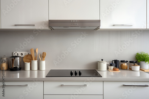 Modern white kitchen interior with white walls, white countertops and a cooker.