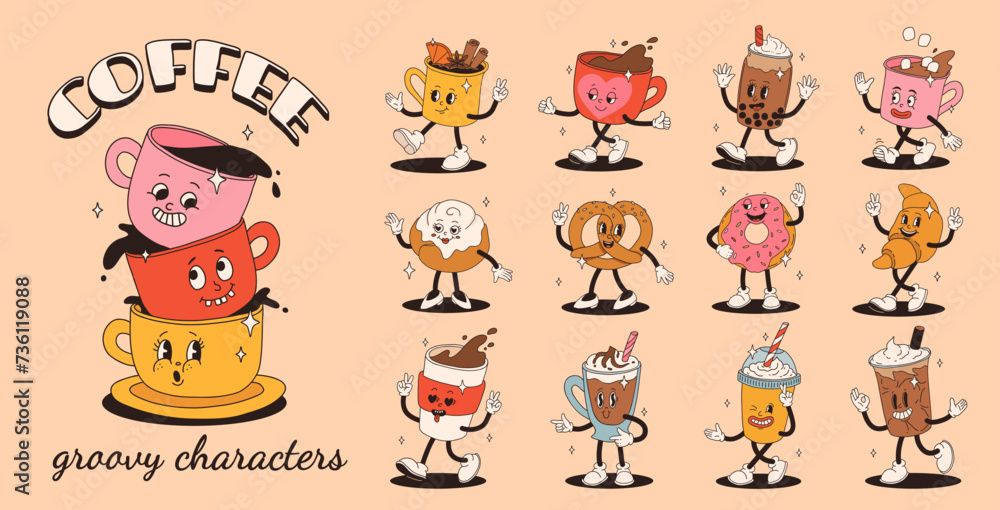 Retro groovy set with coffee mascot, cartoon characters, funny colorful doodle style characters, cappuccino, cocoa, latte, espresso and americano. Vector illustration on beige isolated background. Retro groovy set with coffee mascot, cartoon characters, funny colorful doodle style characters, cappuccino, cocoa, latte, espresso and americano. Vector illustration on beige isolated background.