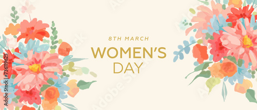 Horizontal wallpaper or web banner for the international women's day with colorful watercolor flowers. Festive elegant floral background. Vector illustration