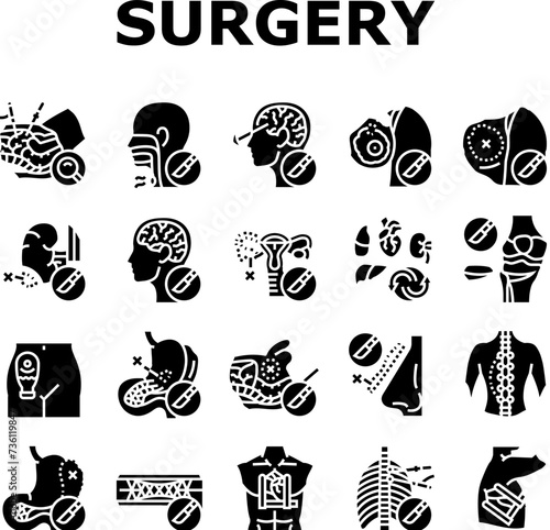 surgery hospital health icons set vector. surgical room, technology plastic, medical patient, emergency medicine, face nose surgery hospital health glyph pictogram Illustrations
