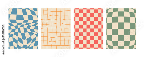 Retro psychedelic chessboard background 70 style set. Distorted vector groovy hippie textures. 