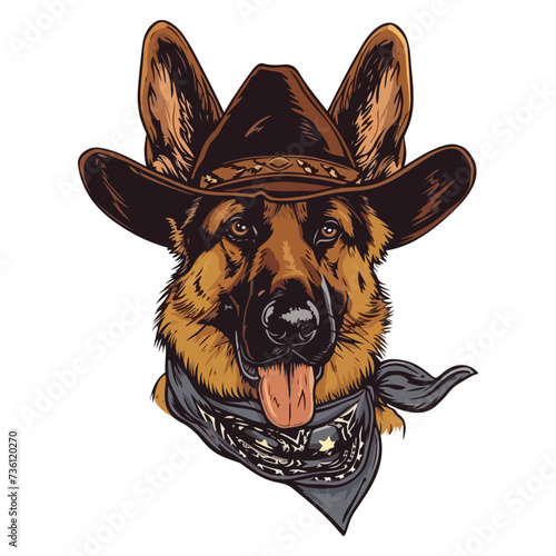 german shepherd dog Head wearing cowboy hat and bandana around neck