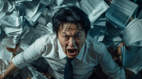 Angry Asian office worker cluttered with papers