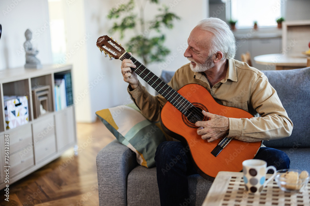 Obraz premium Shot of a senior man playing the guitar at home. Senior handsome good looking man playing guitar at home.